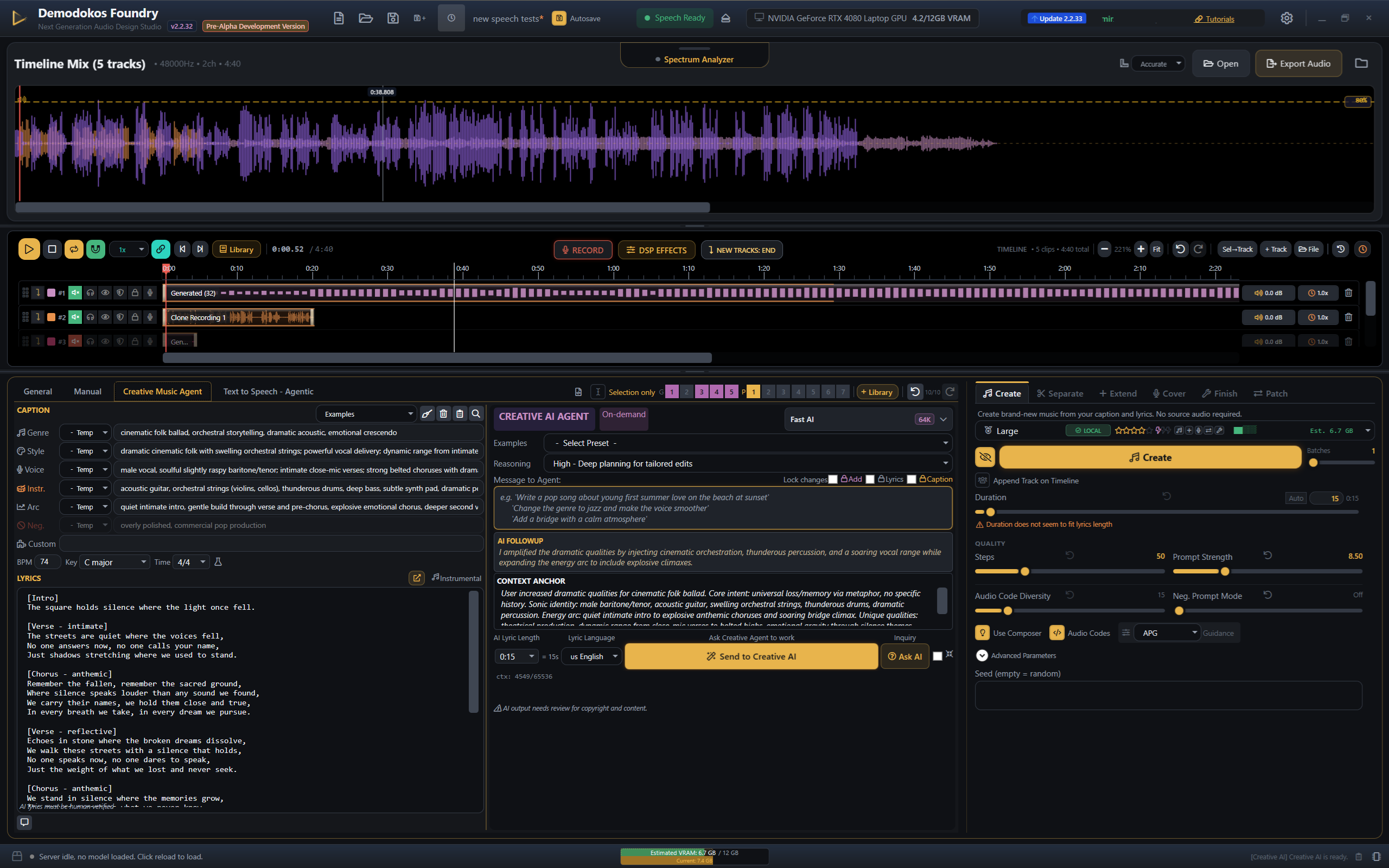 Demodokos Foundry — timeline editor, voice library, and Creative AI panel running locally on a desktop GPU.
